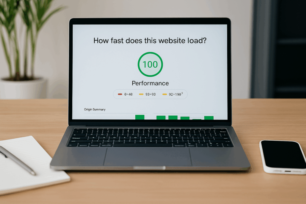 Laptop screen showing a perfect website performance score, used to illustrate why website speed matters for SEO