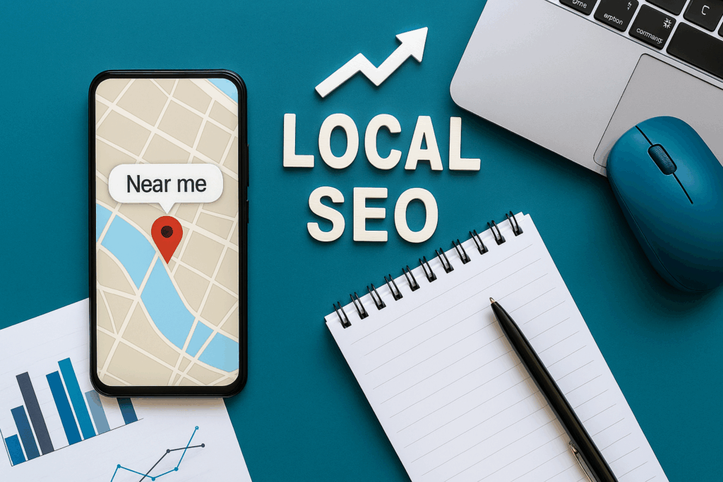 Smartphone showing a map with Near me location pin, surrounded by marketing tools and charts, symbolizing strategies on how to rank in Near Me searches using local SEO
