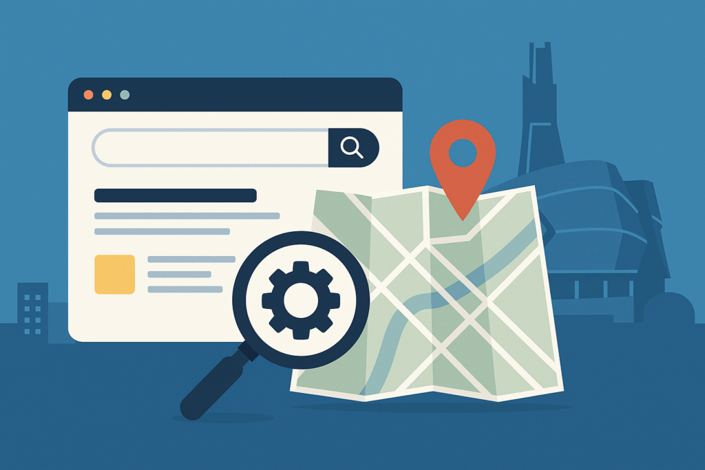 Flat vector illustration featuring a map with a red location pin, a search engine window, and magnifying glass, symbolizing Local SEO Winnipeg strategies.